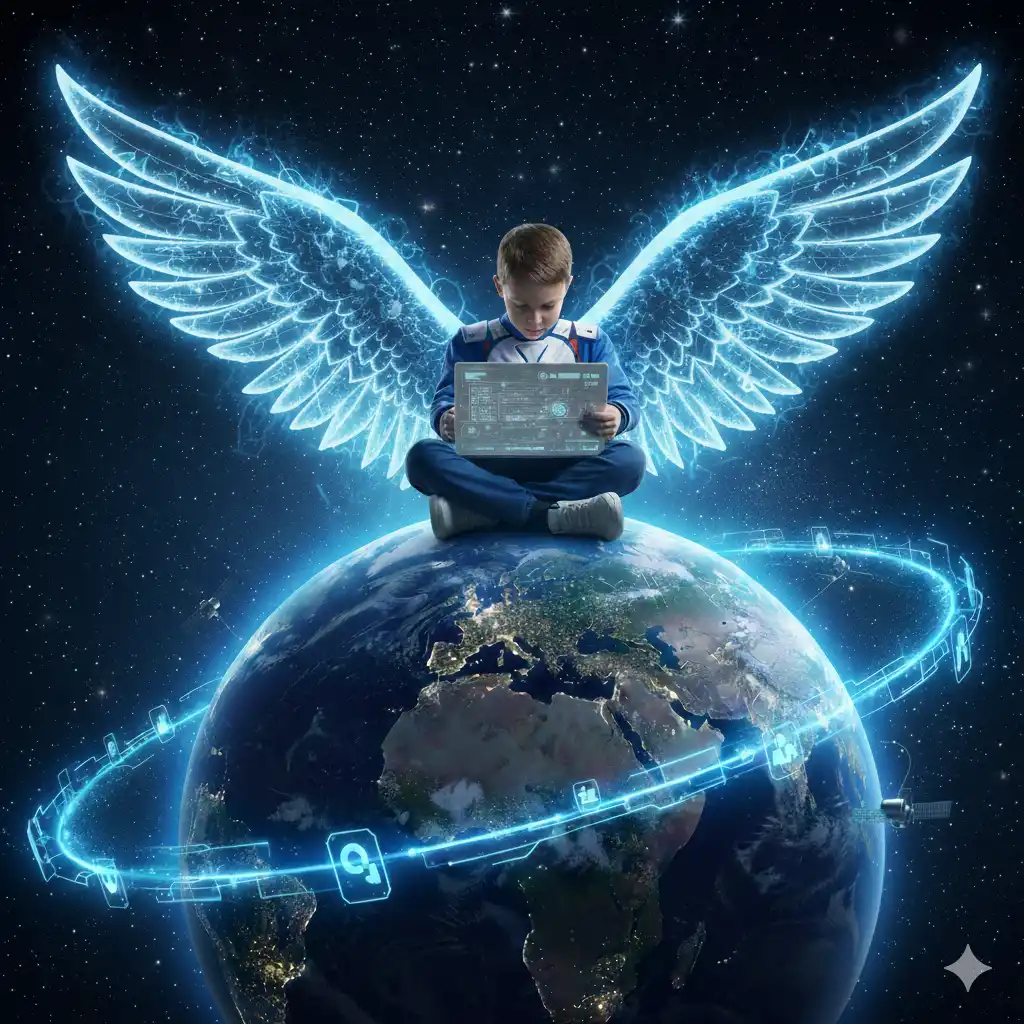 Best digital marketing concept showing a child with digital wings using technology over the globe representing innovation by a best digital marketing consultant in Calicut