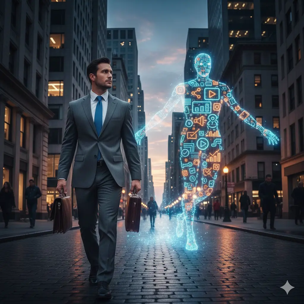 An expert digital marketing consultant in Calicut walking through a street and followed by a human body filled with digital marketing icons